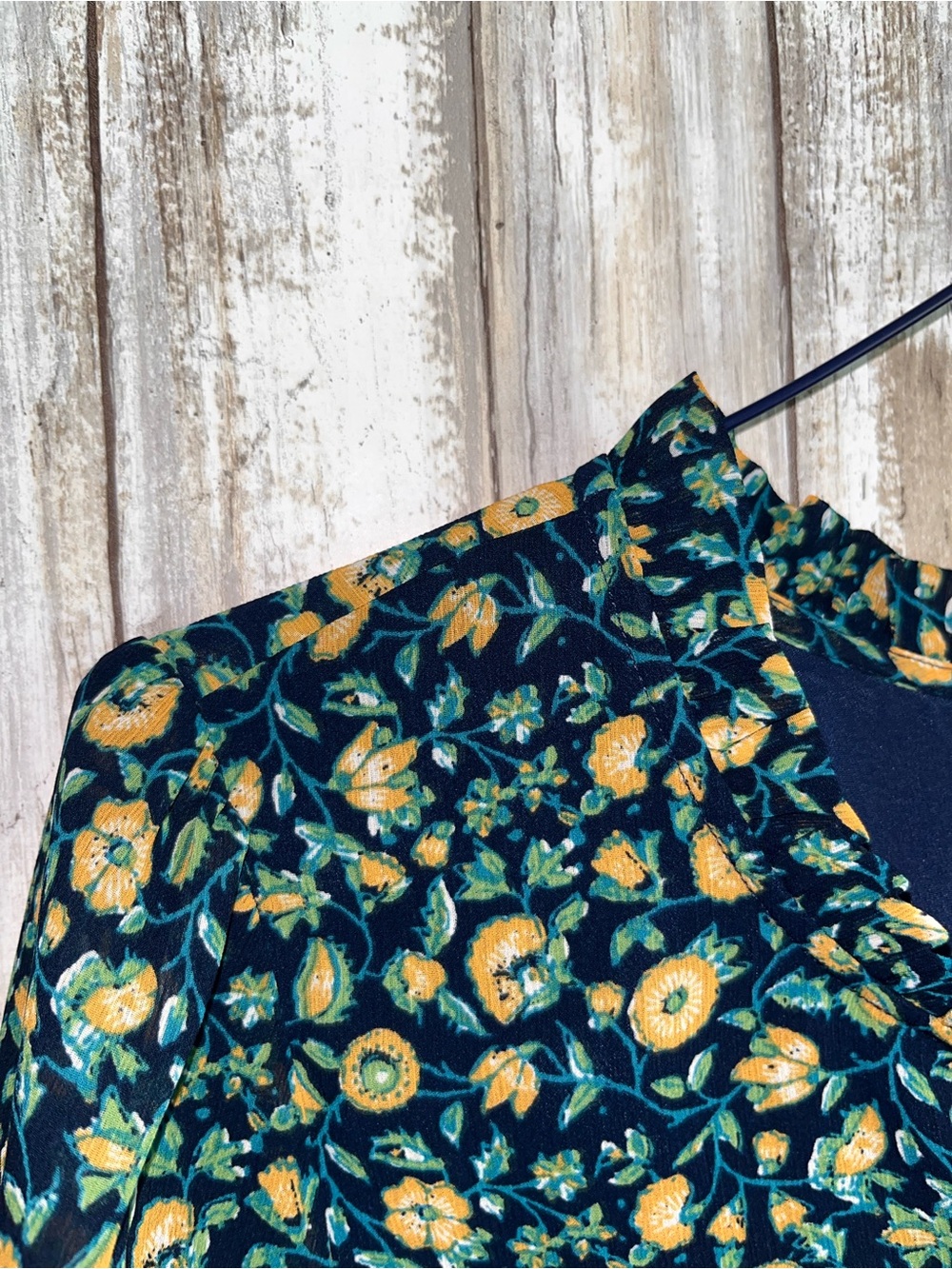 J.Crew Floral Ruffle Neck Blouse Small Blue Yellow Short Sleeve Top - Picture 6 of 7